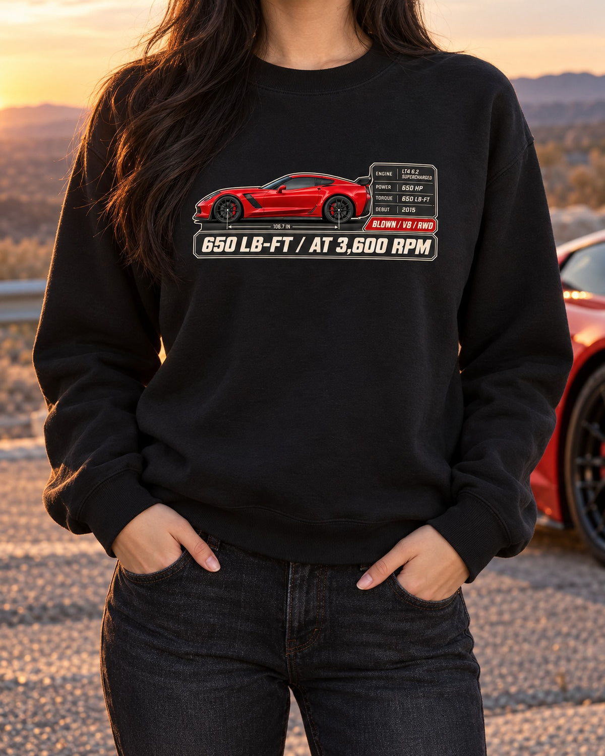 C7 Corvette Z06 Spec Poster Tee, 650 LB-FT Torque Car Shirt Crewneck Black worn hero