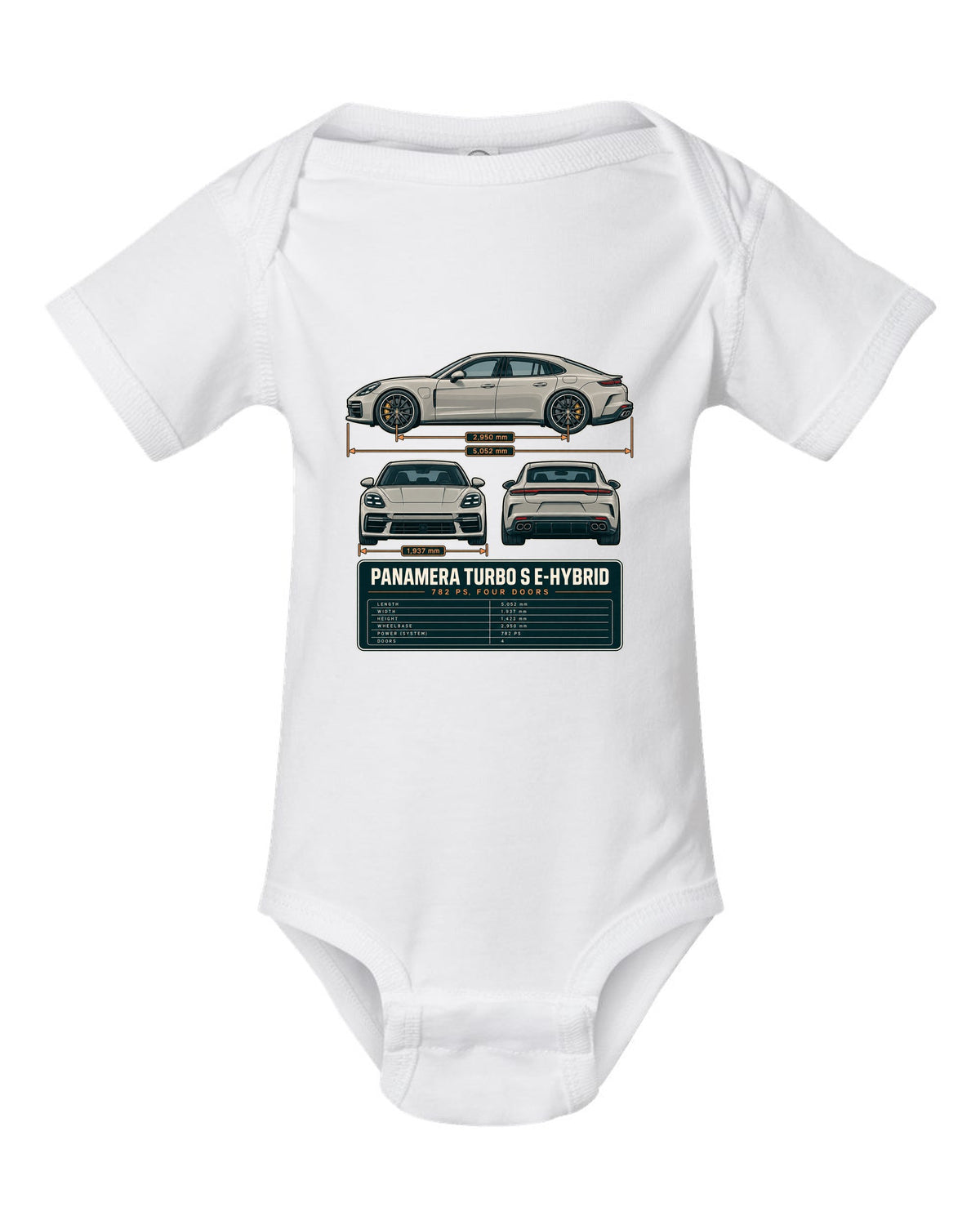 Three-view print of a Porsche Panamera Turbo S E-Hybrid G3 with 782 PS spec table white baby onesie front view with the design
