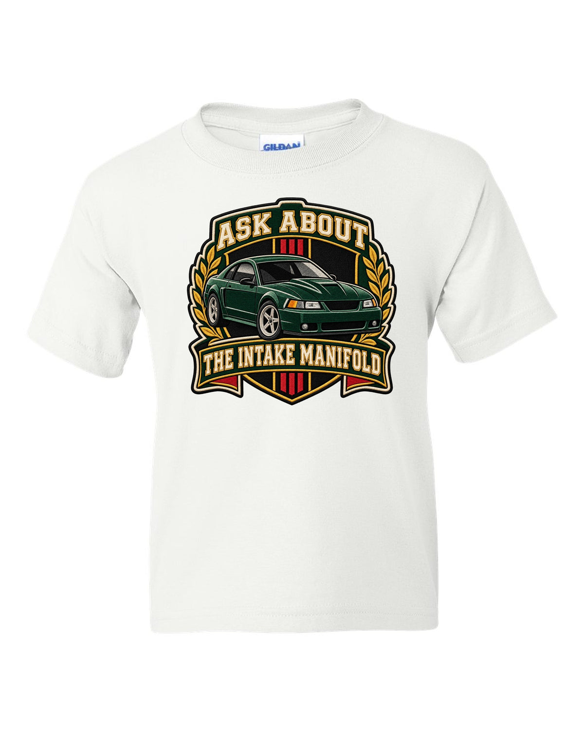 Varsity crest of a Ford Mustang New Edge coupe with intake manifold text white kids tee front view with the design