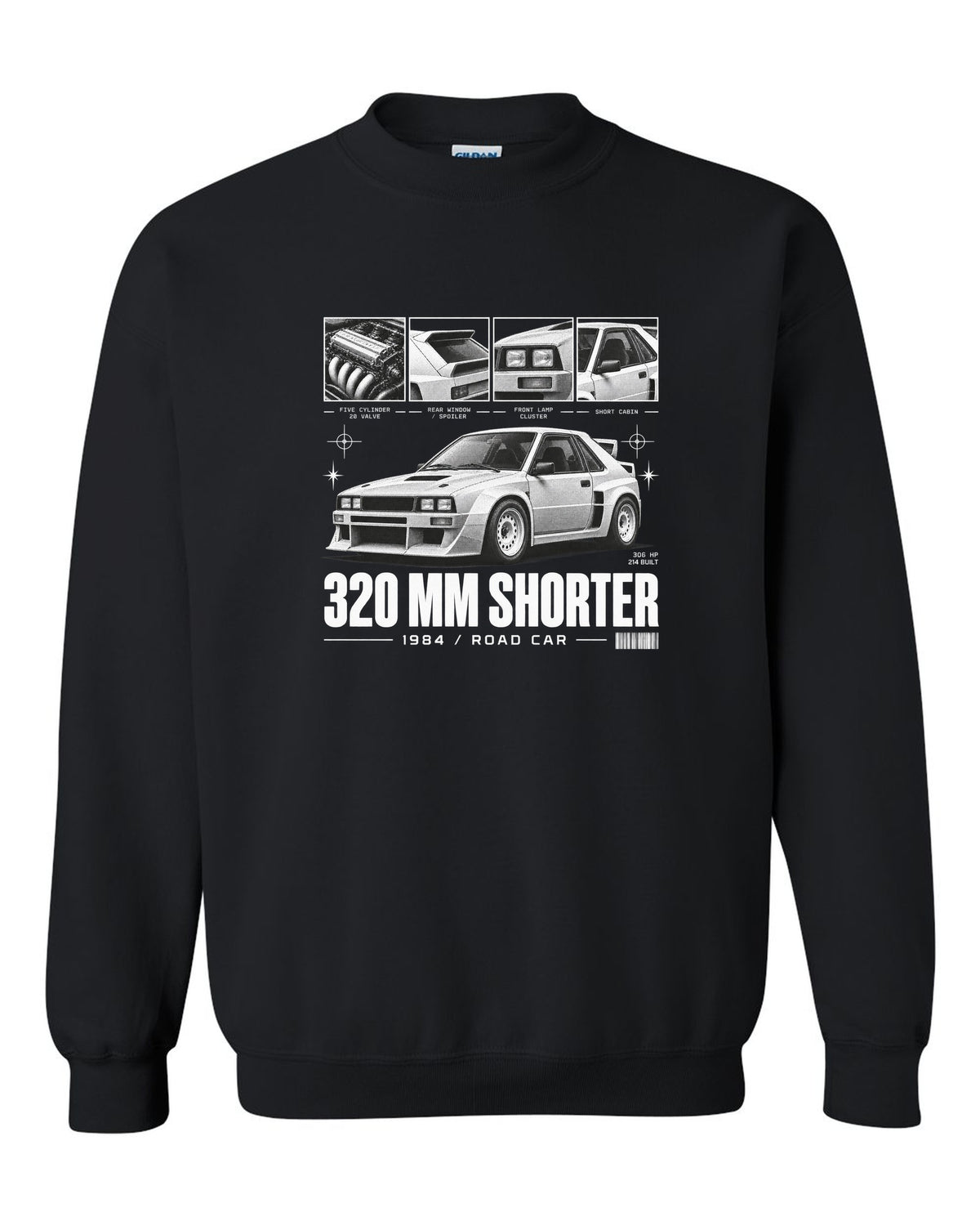 Audi Sport Quattro SWB 1984 Dossier black crewneck front view with the design