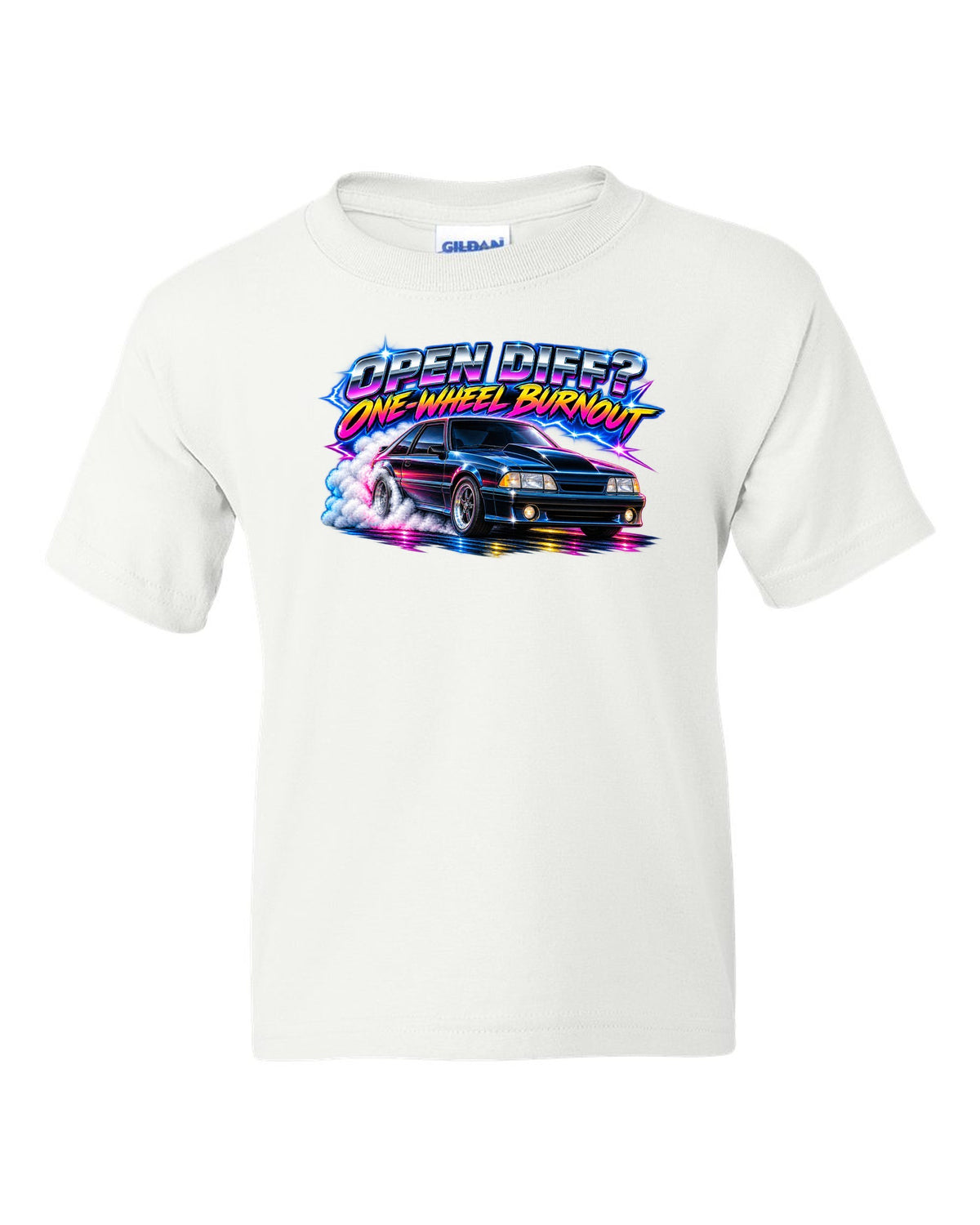 80s airbrush chrome print of a Ford Mustang Fox Body GT chback with a one-wheel burnout white kids tee front view with the design