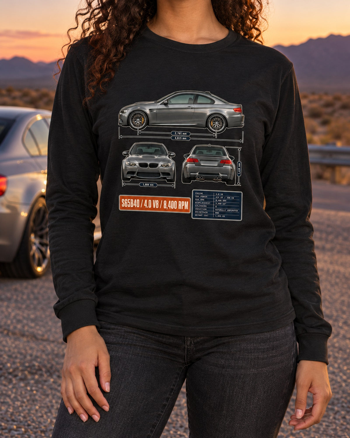 BMW M3 E92 V8 Three-View Spec Table Tee Long Sleeve Black worn hero