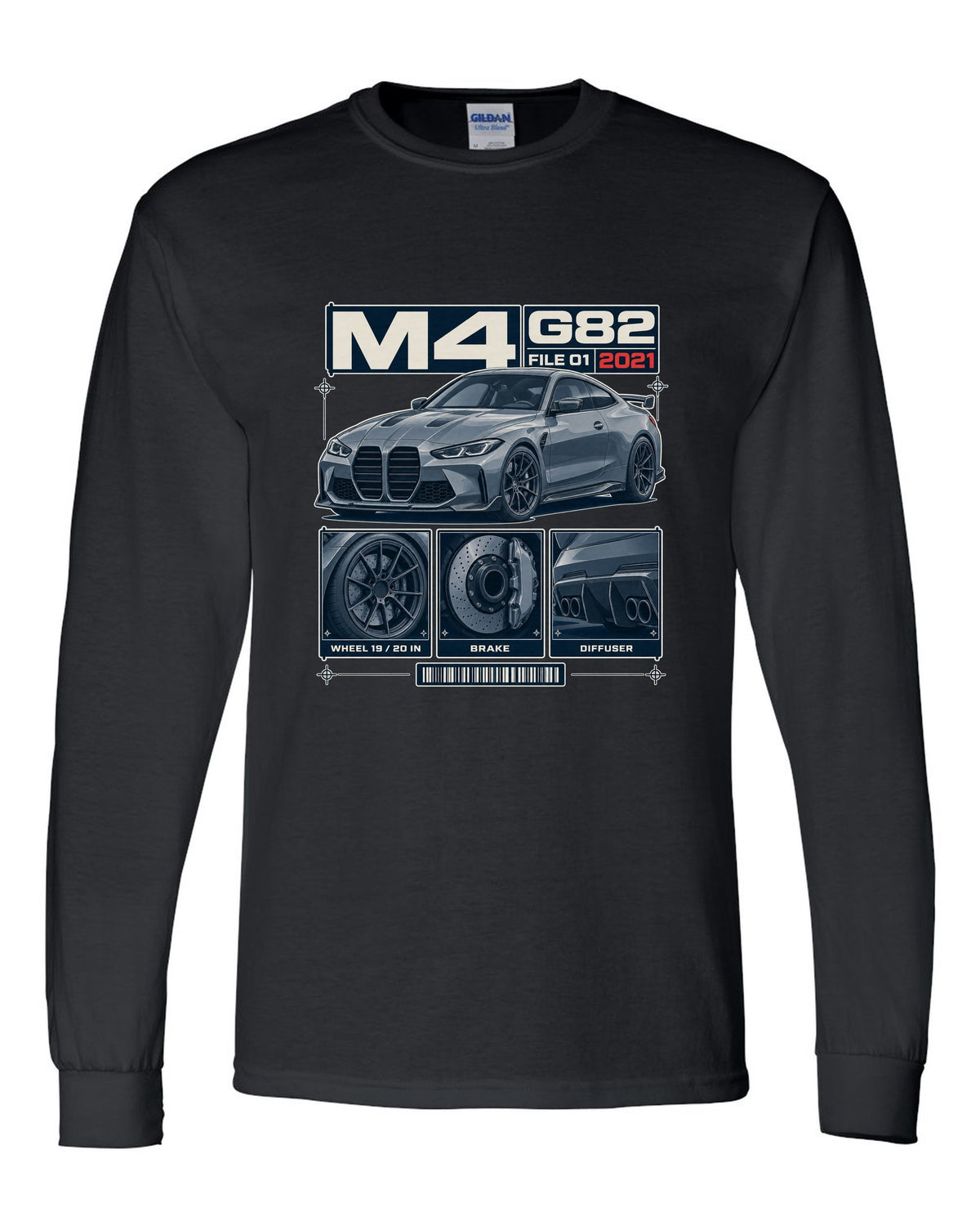 BMW M3 G80 dossier panels print with wheel, brake and diffuser details black long sleeve front view with the design