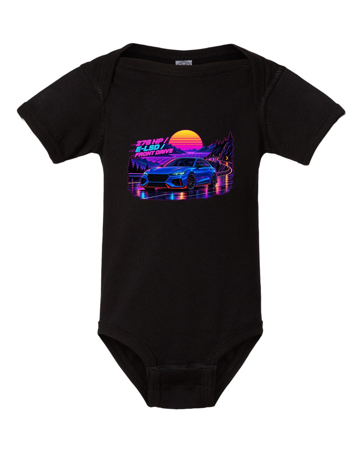 Hyundai Elantra N CN7 synthwave wet road print with 276 HP and E-LSD text black baby onesie front view with the design