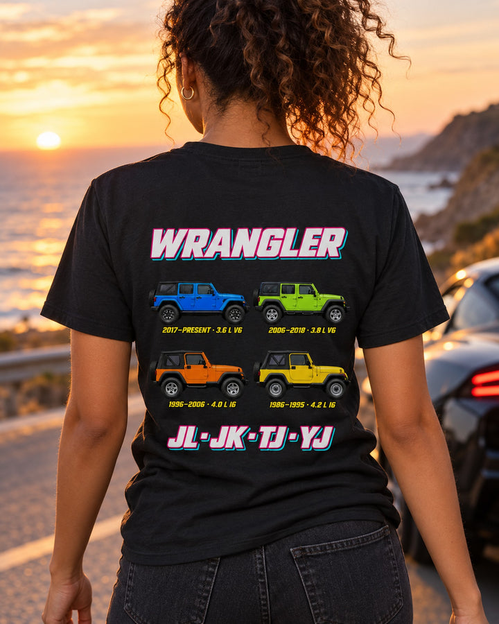 Jeep Wrangler Evolution Poster Full-Back Graphic Tee T-Shirt Black worn hero