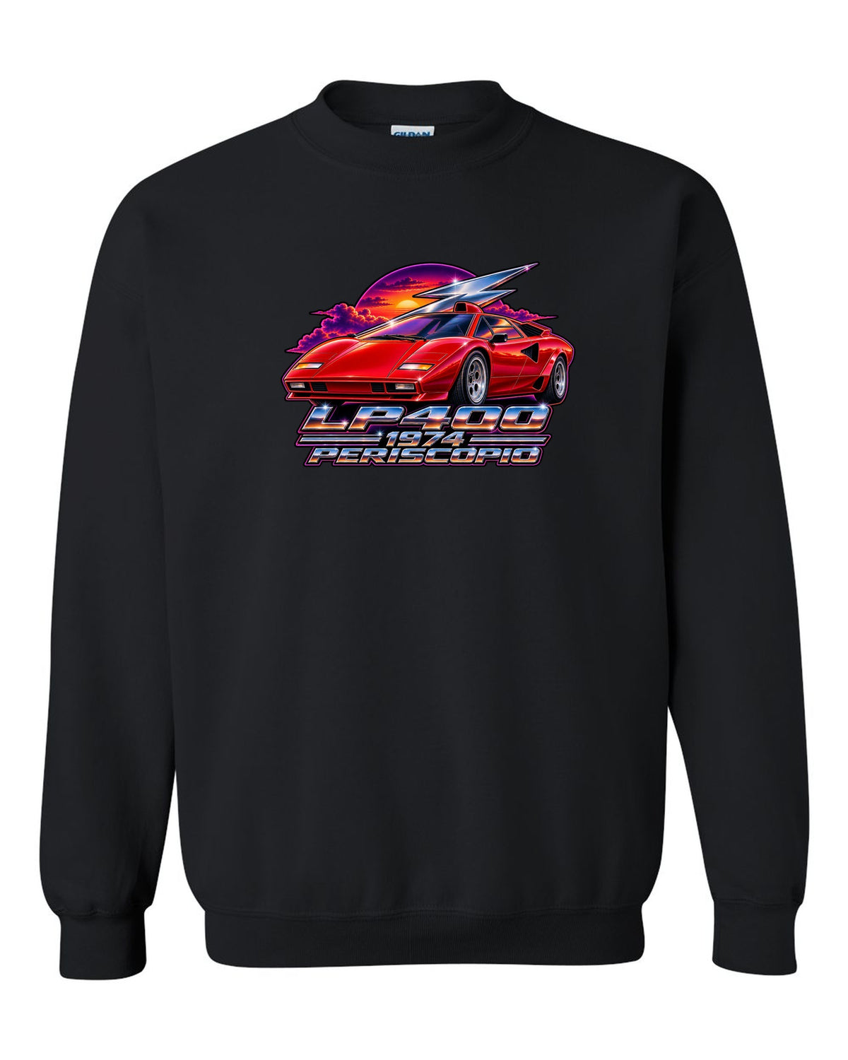 80s airbrush chrome style Lamborghini Countach LP400 with LP400 1974 Periscopio text black crewneck front view with the design