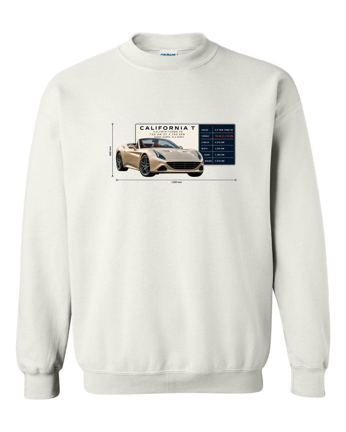 Spec poster print of the Ferrari California T in champagne tones white crewneck front view with the design