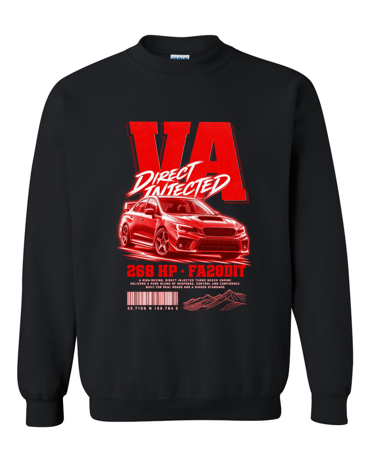 Street poster print for the Subaru WRX VA reading Direct Injected, 268 HP, FA20DIT black crewneck front view with the design
