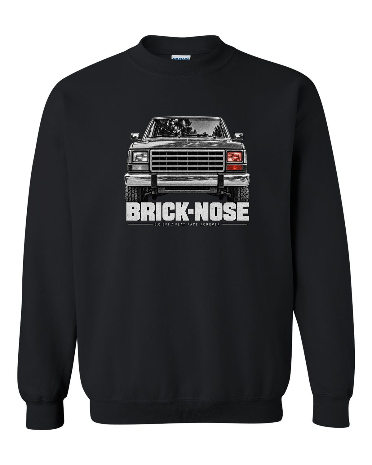 Ford Bronco Brick-Nose 1987-91 taillight macro print with 5.0 EFI text black crewneck front view with the design