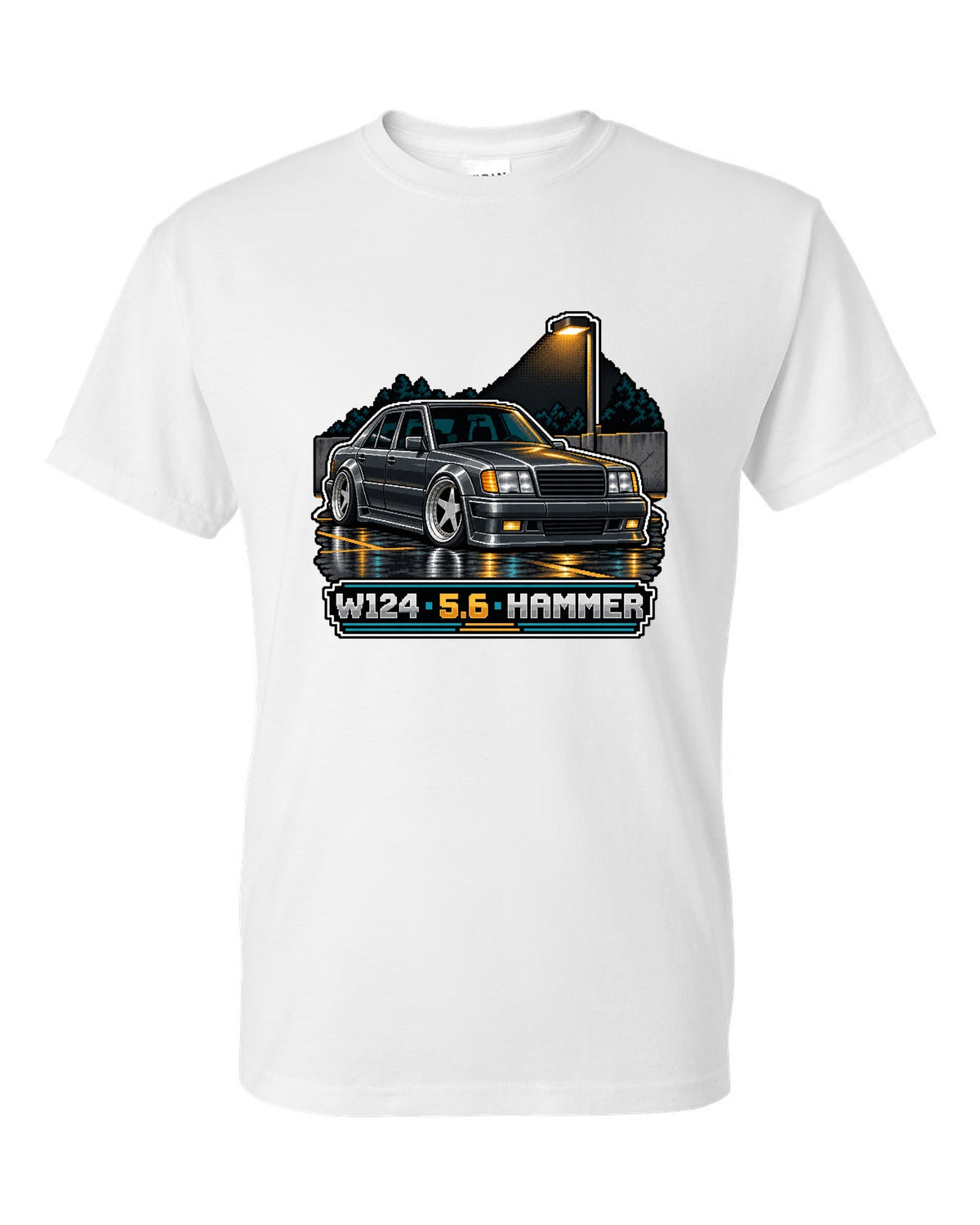 Pixel art Mercedes 300E 5.6 Hammer W124 parked in a car park white t-shirt front view with the design