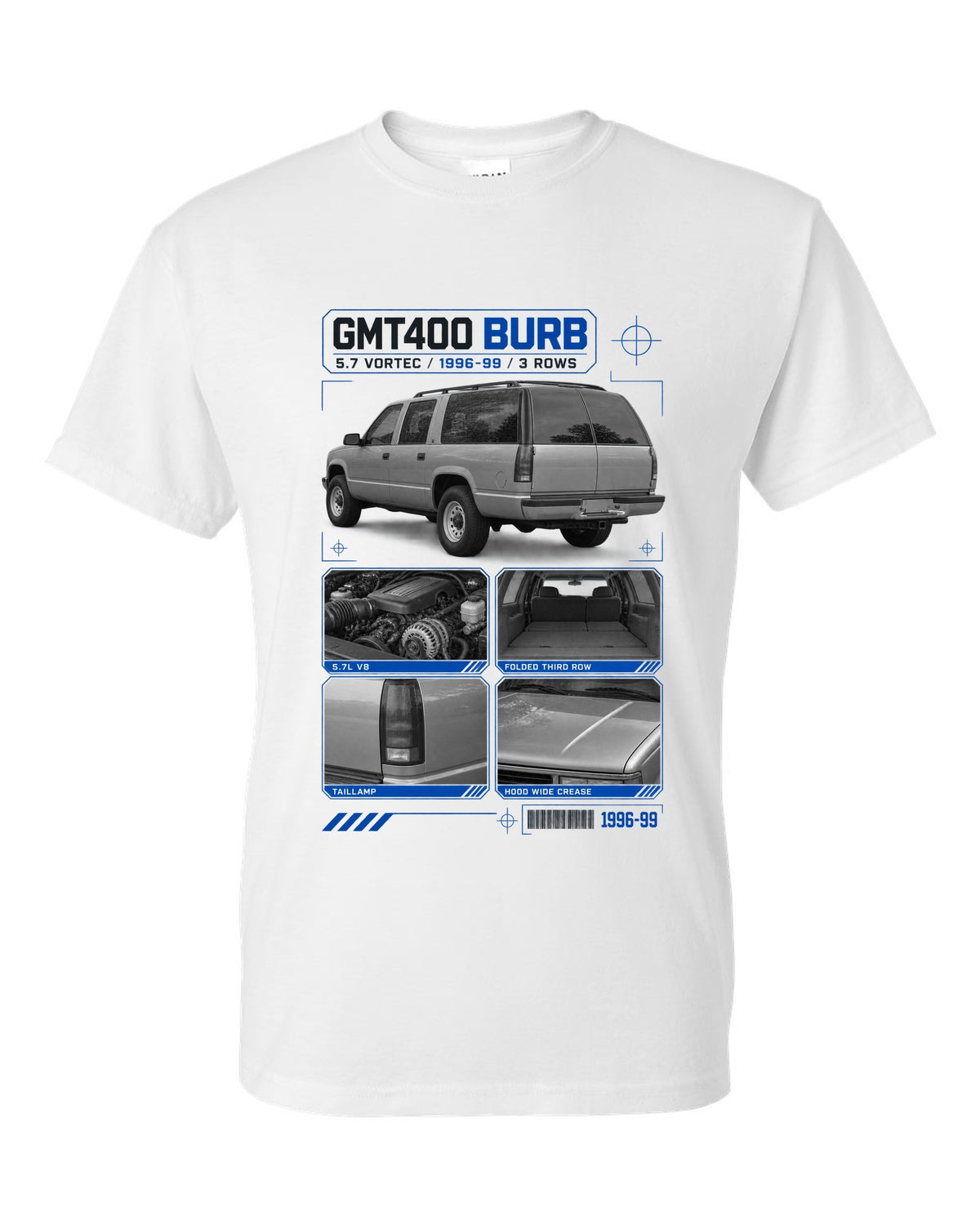 Dossier print of a 1992-99 Chevrolet GMT400 Suburban in a rear three-quarter view white t-shirt front view with the design