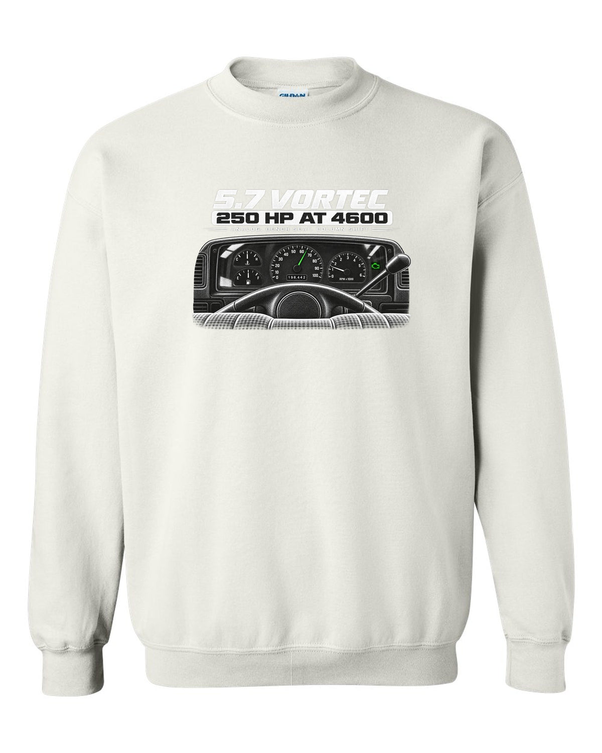 OBS Chevy C1500 cockpit and gauge cluster print white crewneck front view with the design