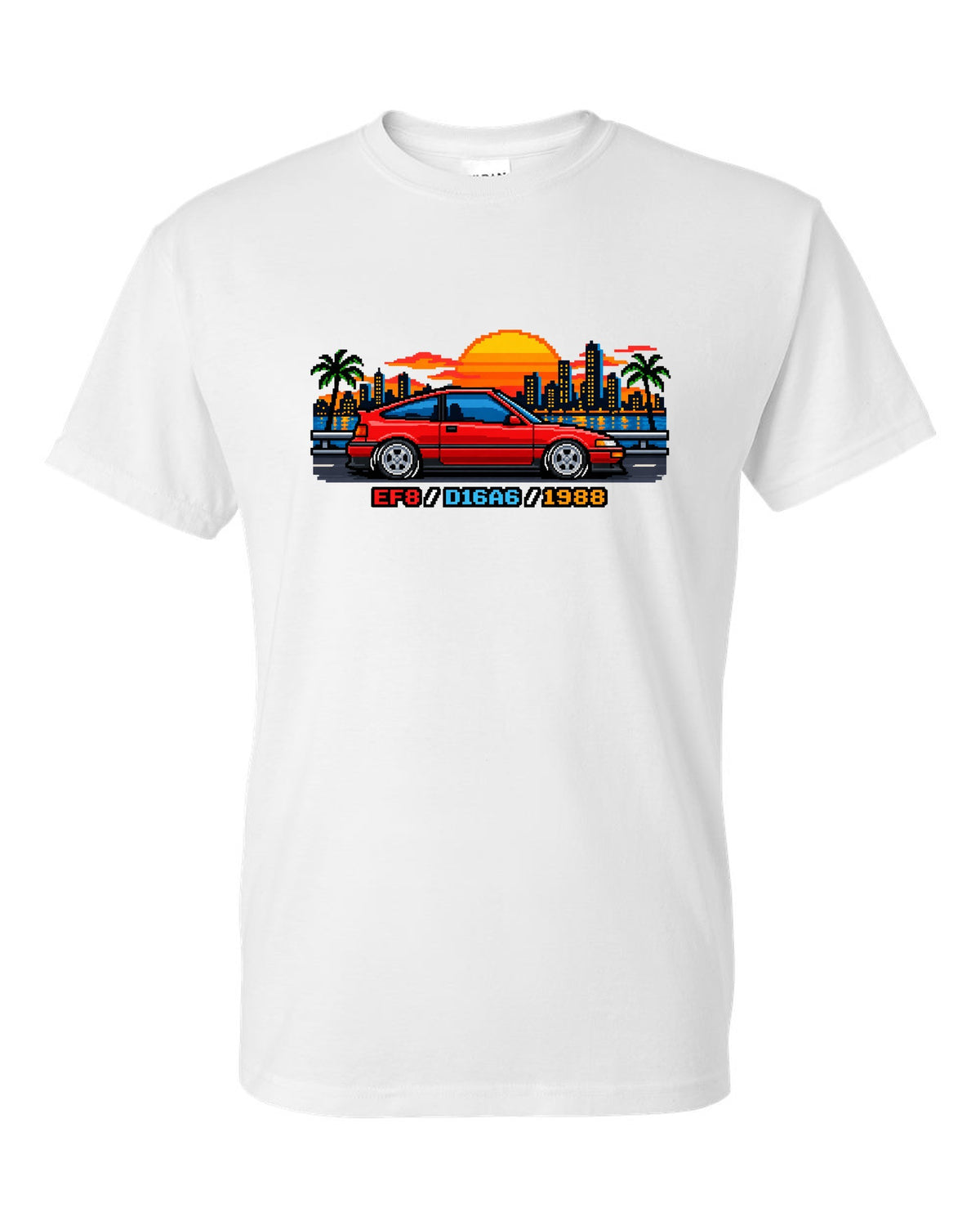 16-bit pixel art Honda CRX EF8 print with D16A6 and 1988 text white t-shirt front view with the design