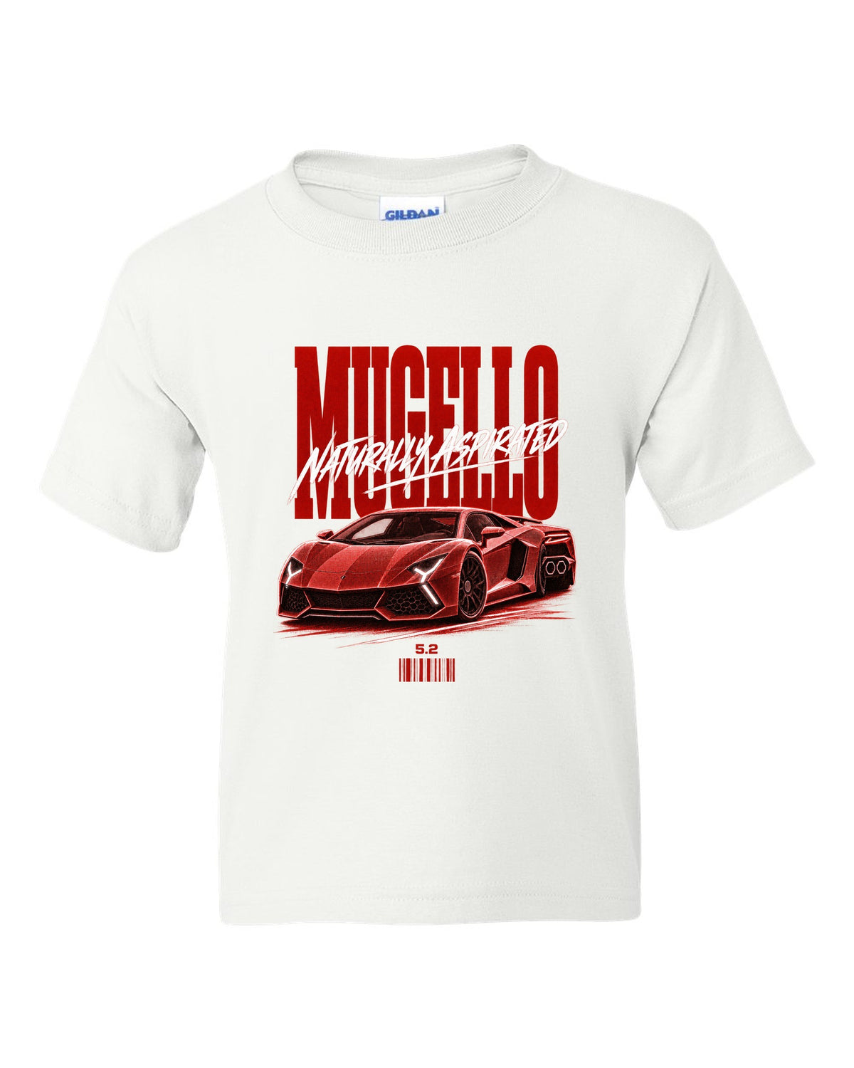 Street poster print of a Lamborghini Huracan Tecnica LP640-2 with Mugello and Naturally Aspirated text white kids tee front view with the design