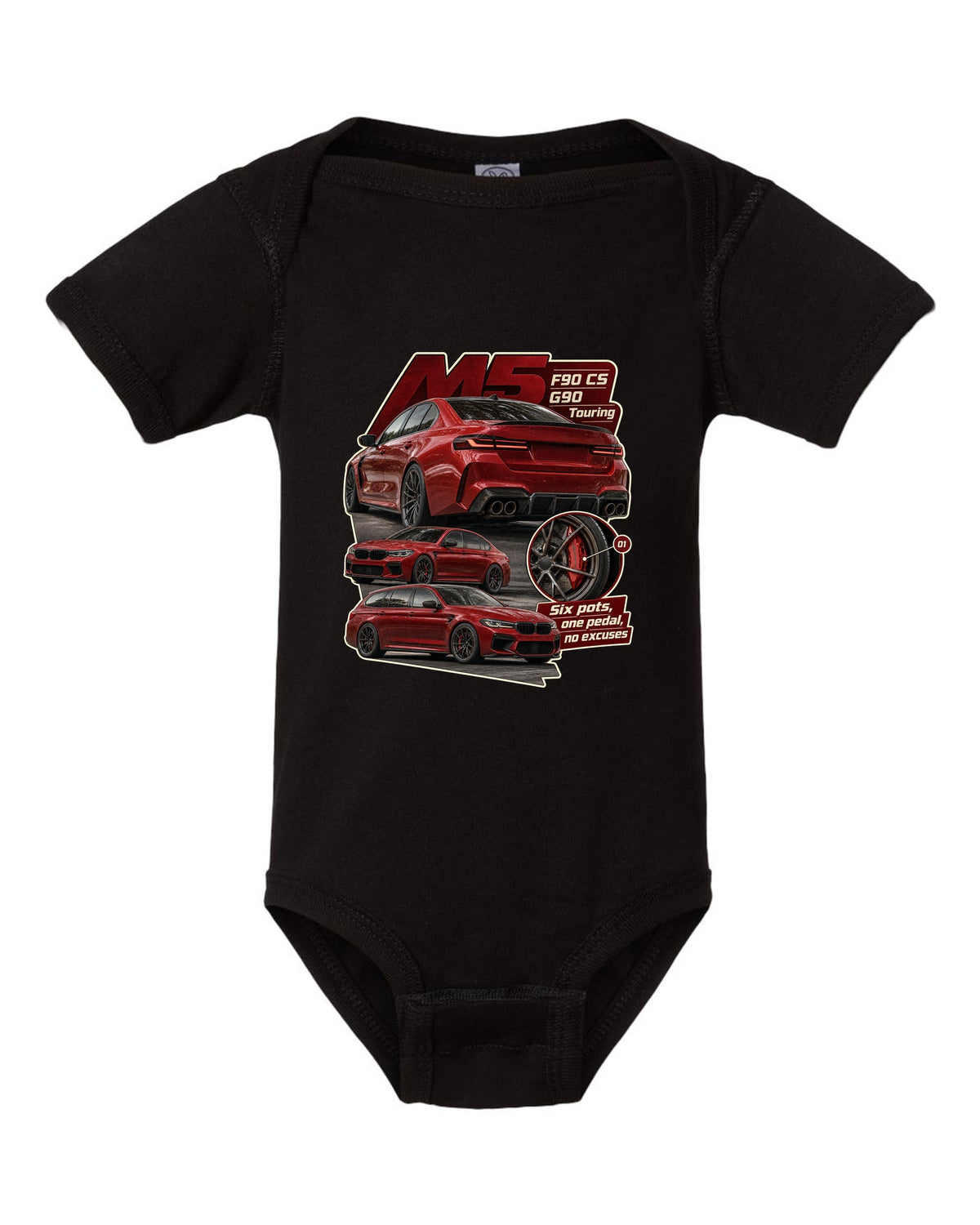 BMW M2 G87 in Toronto Red taillight macro print with six pots one pedal caption black baby onesie front view with the design