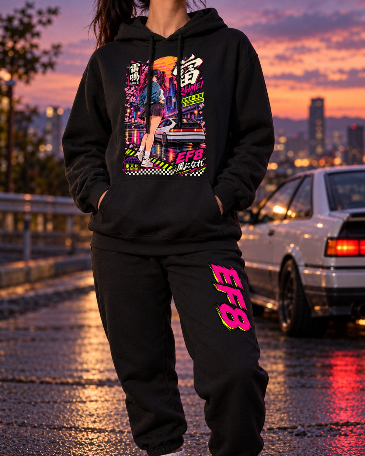 EF8 Raimei Anime Girl Poster Hoodie + Jogger Set Black worn hero