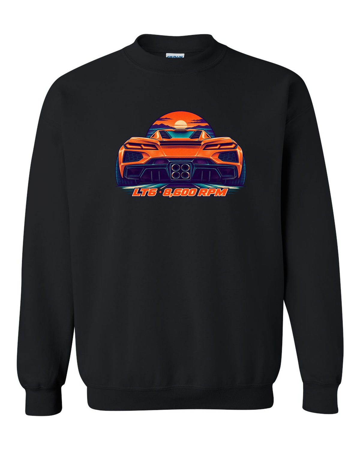 Risograph-style print of a Chevrolet Corvette C8 Z06 with quad exhaust tips and LT6 8,600 RPM lettering black crewneck front view with the design