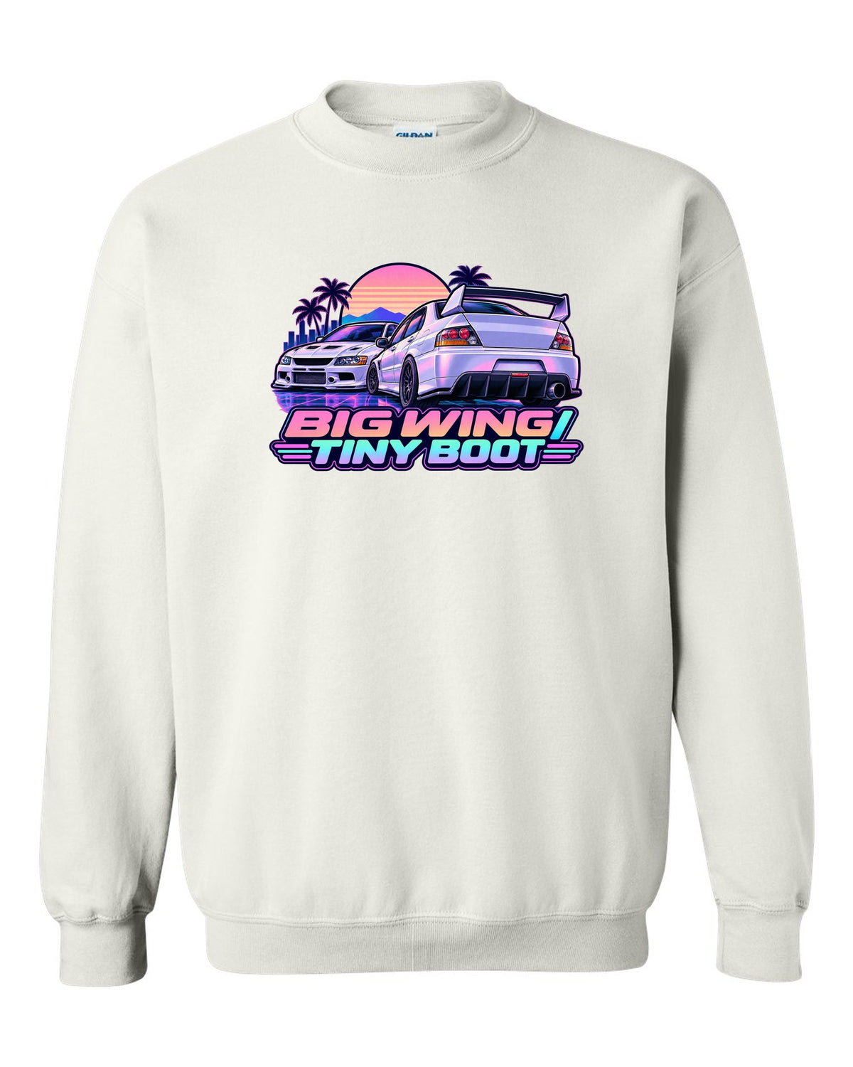 Vaporwave pastel print of the Mitsubishi Evo IX CT9A with big wing tiny boot text white crewneck front view with the design