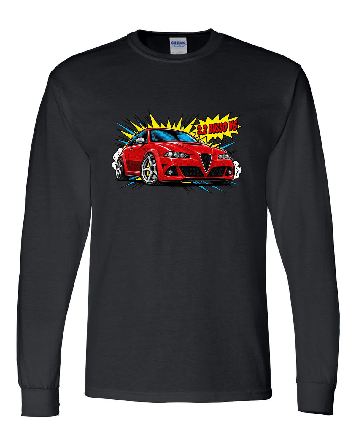 Comic halftone pop-art illustration of an Alfa Romeo 147 GTA with 3.2 Busso V6 text black long sleeve front view with the design