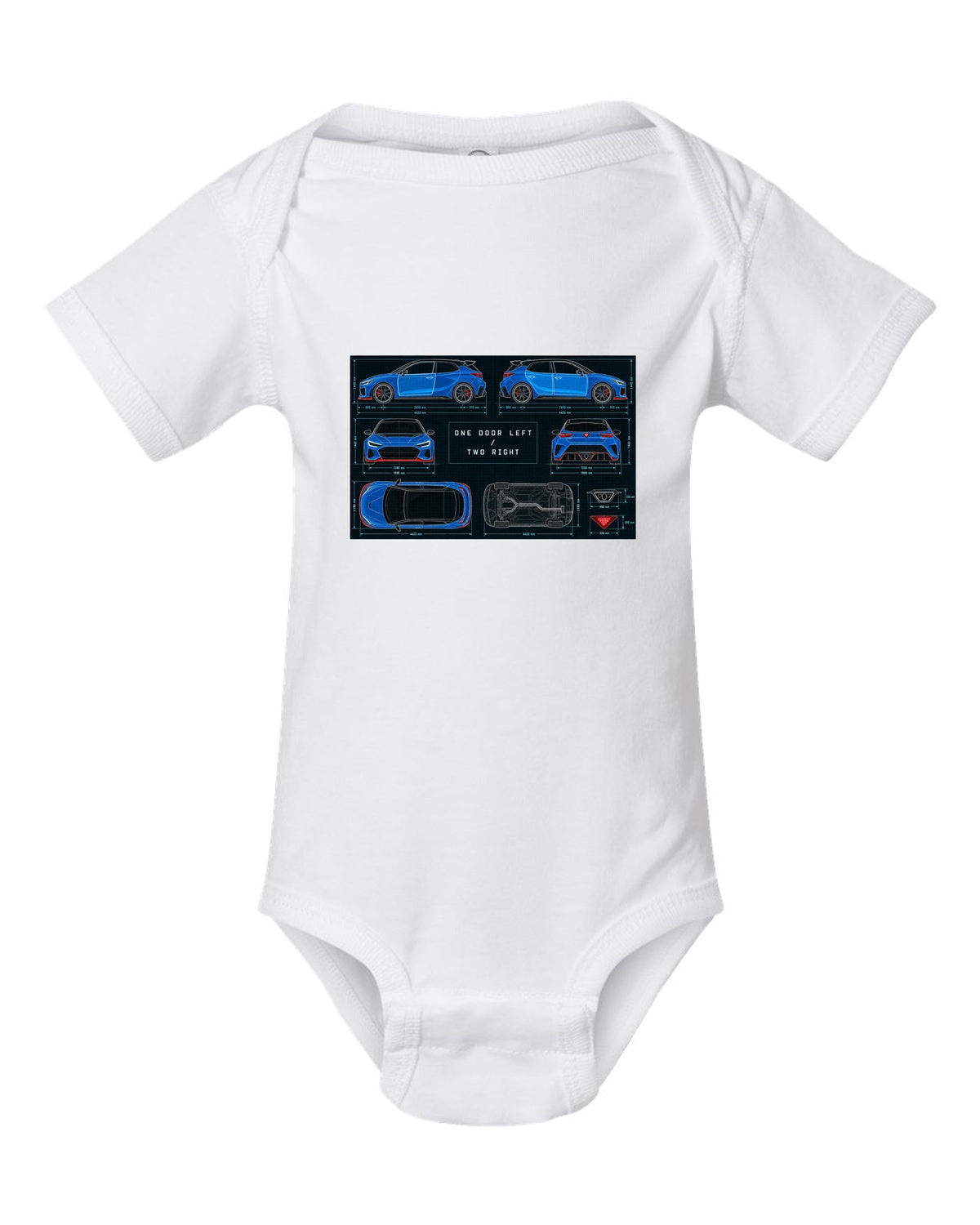 Hyundai Veloster N JS technical blueprint print with one door left and two right white baby onesie front view with the design