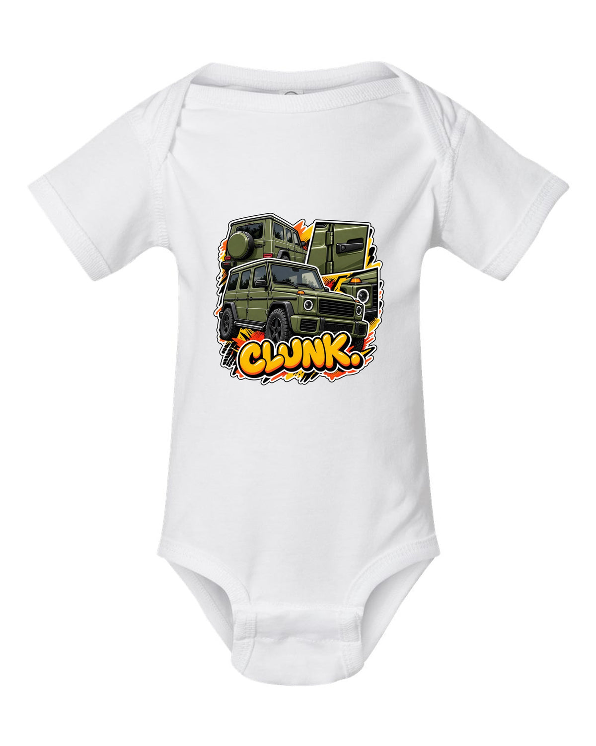 Stencil spray street art graphic of a Mercedes G63 W464 with round headlights, print white baby onesie front view with the design