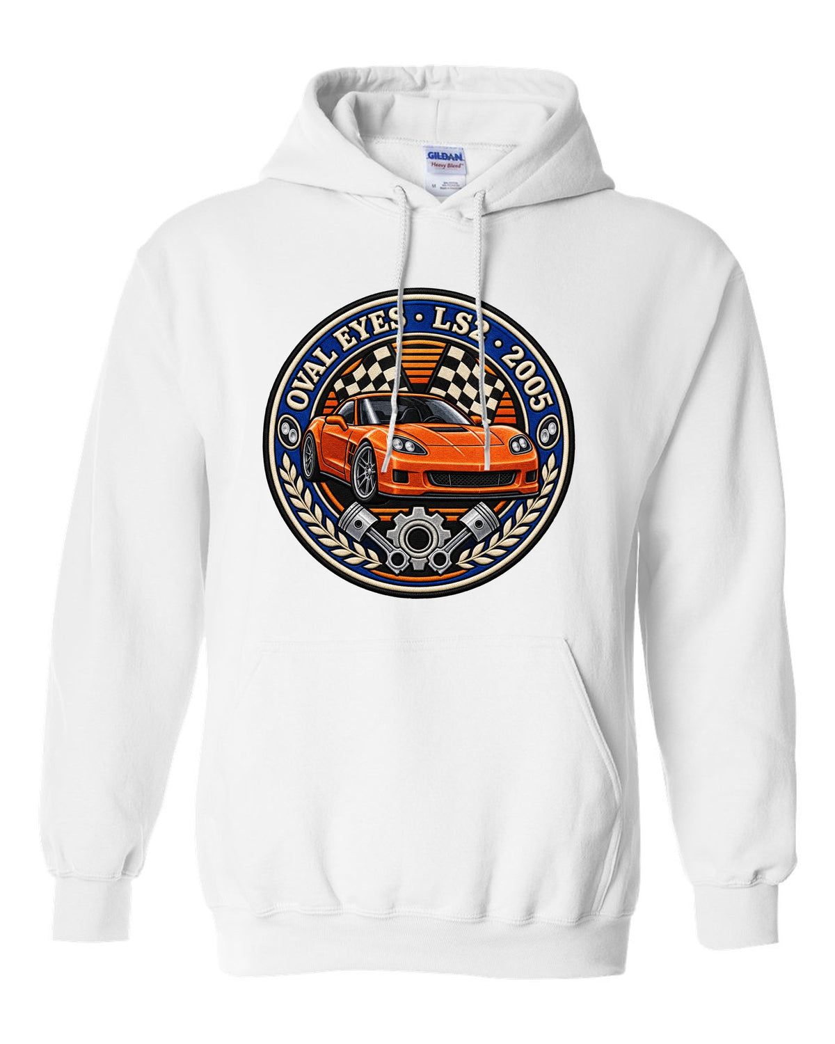 Varsity crest embroidery style print for a 2005 Chevrolet Corvette C6 coupe with Oval Eyes LS2 lettering white pull over hoodie front view with the design