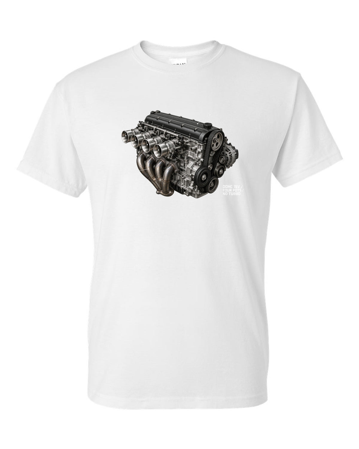 BMW E30 M3 S14 engine hero print labelled DOHC 16V four pots no turbo white t-shirt front view with the design