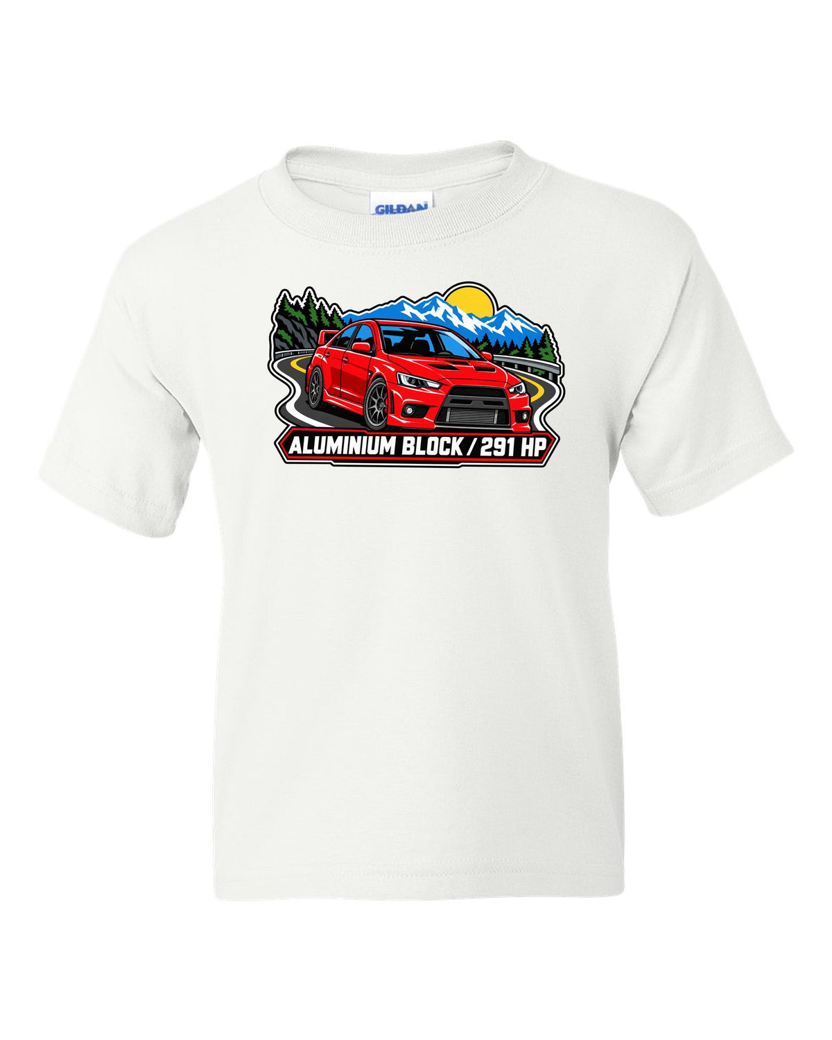 Bold three-colour screen-print style print of an airborne Mitsubishi Evo X CZ4A with all four left the ground text white kids tee front view with the design