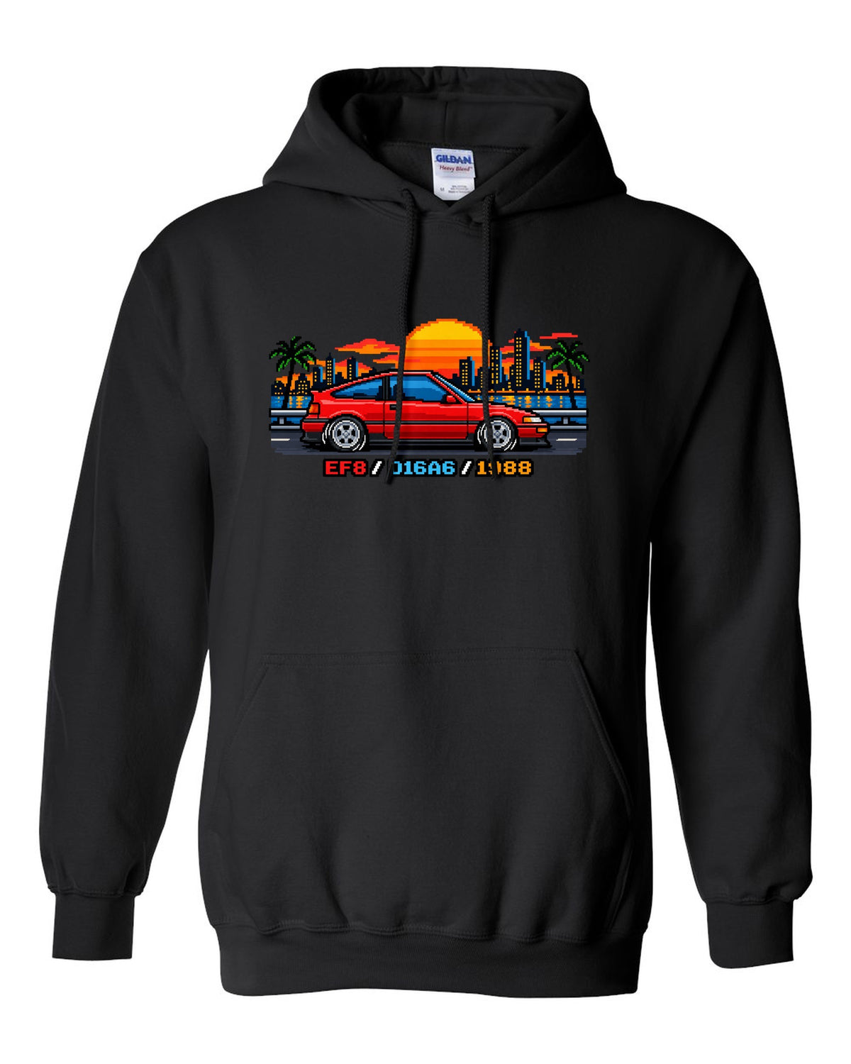 16-bit pixel art Honda CRX EF8 print with D16A6 and 1988 text black pull over hoodie front view with the design