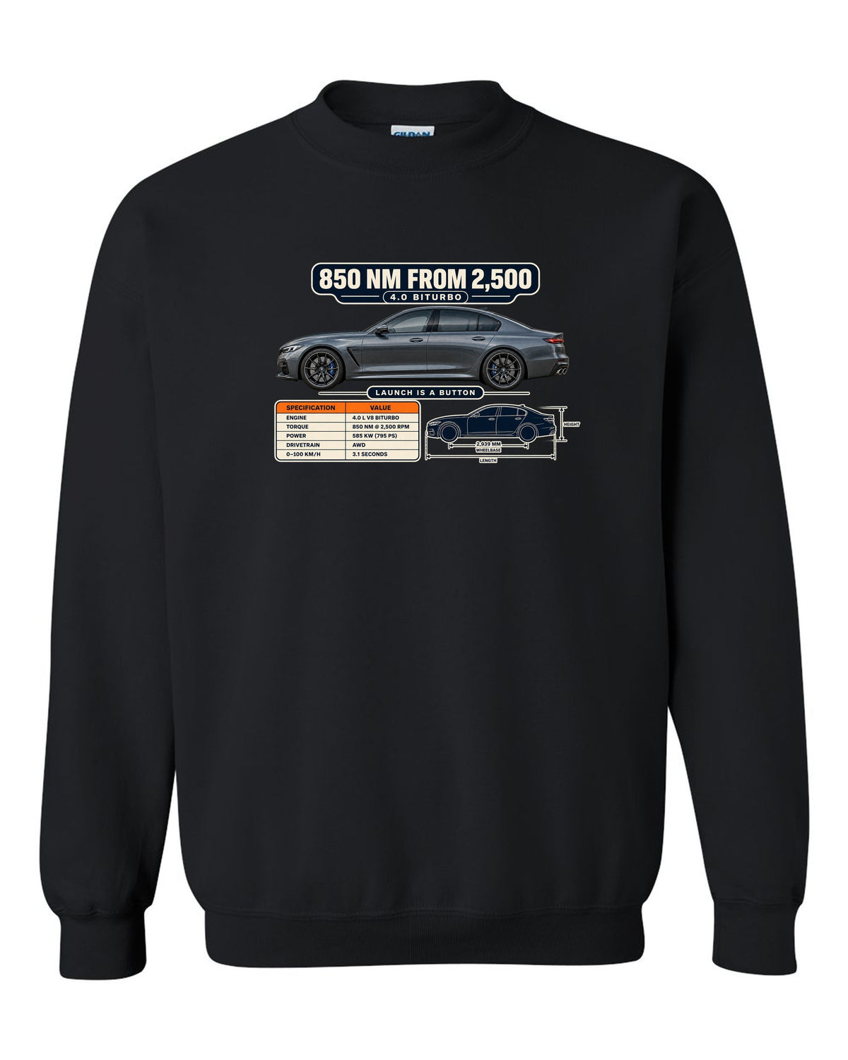 Spec poster print of a Nardo-style grey Mercedes-AMG E63 S W213 facelift black crewneck front view with the design