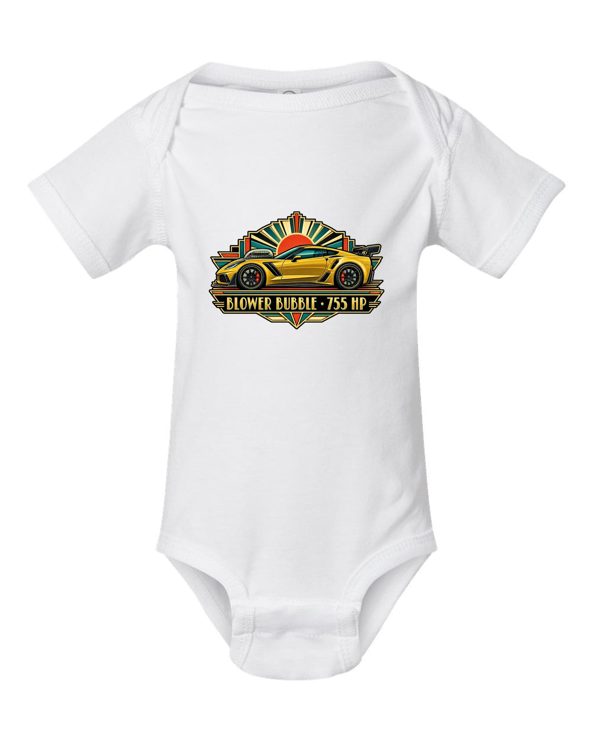 Art deco racing poster print of a 2019 Chevrolet Corvette C7 ZR1 with 755 HP blower bubble lettering white baby onesie front view with the design
