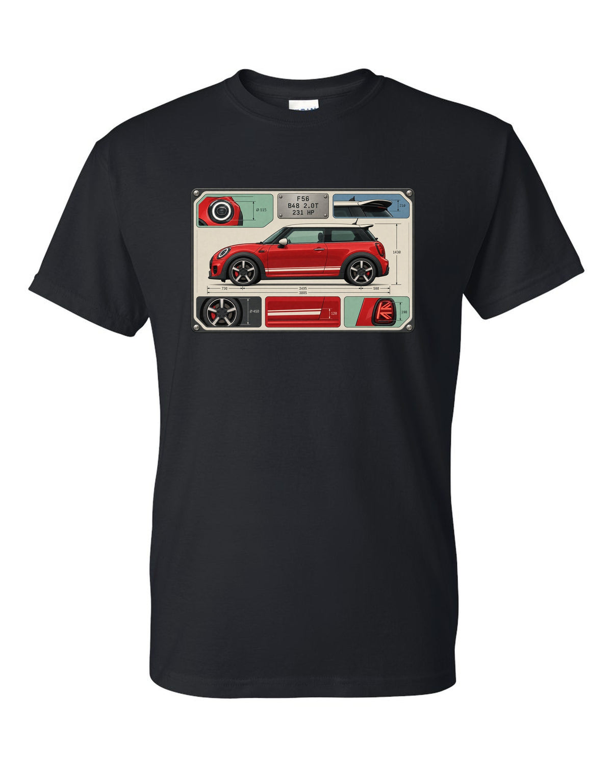 Spec-sheet data plate for the Mini JCW F56 with B48 2.0T and 231 HP black t-shirt front view with the design