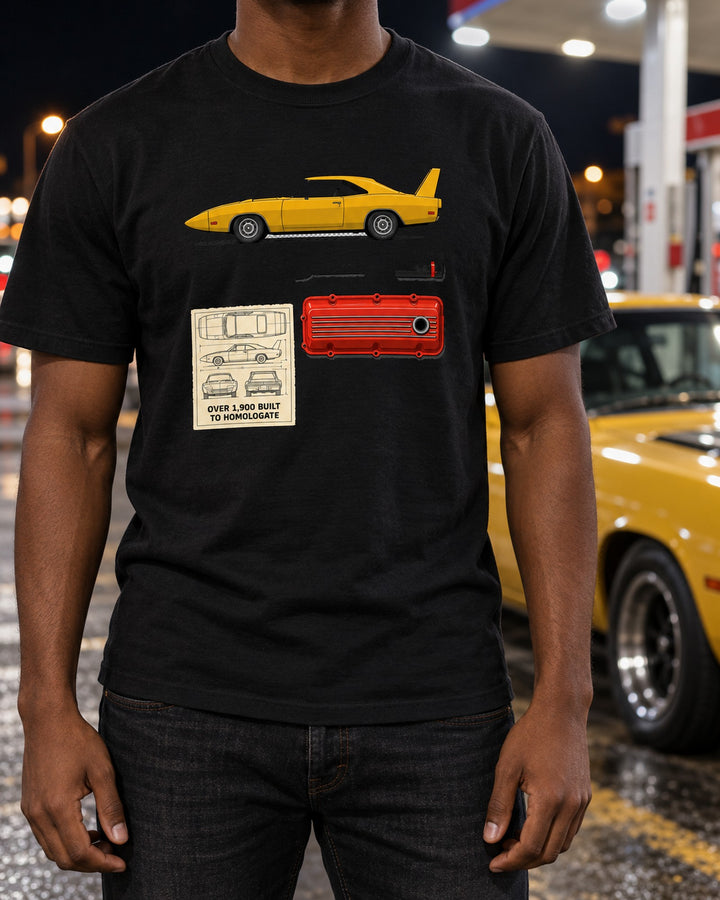 1970 Plymouth Road Runner Superbird Knolling Flat-Lay Shirt T-Shirt Black worn hero