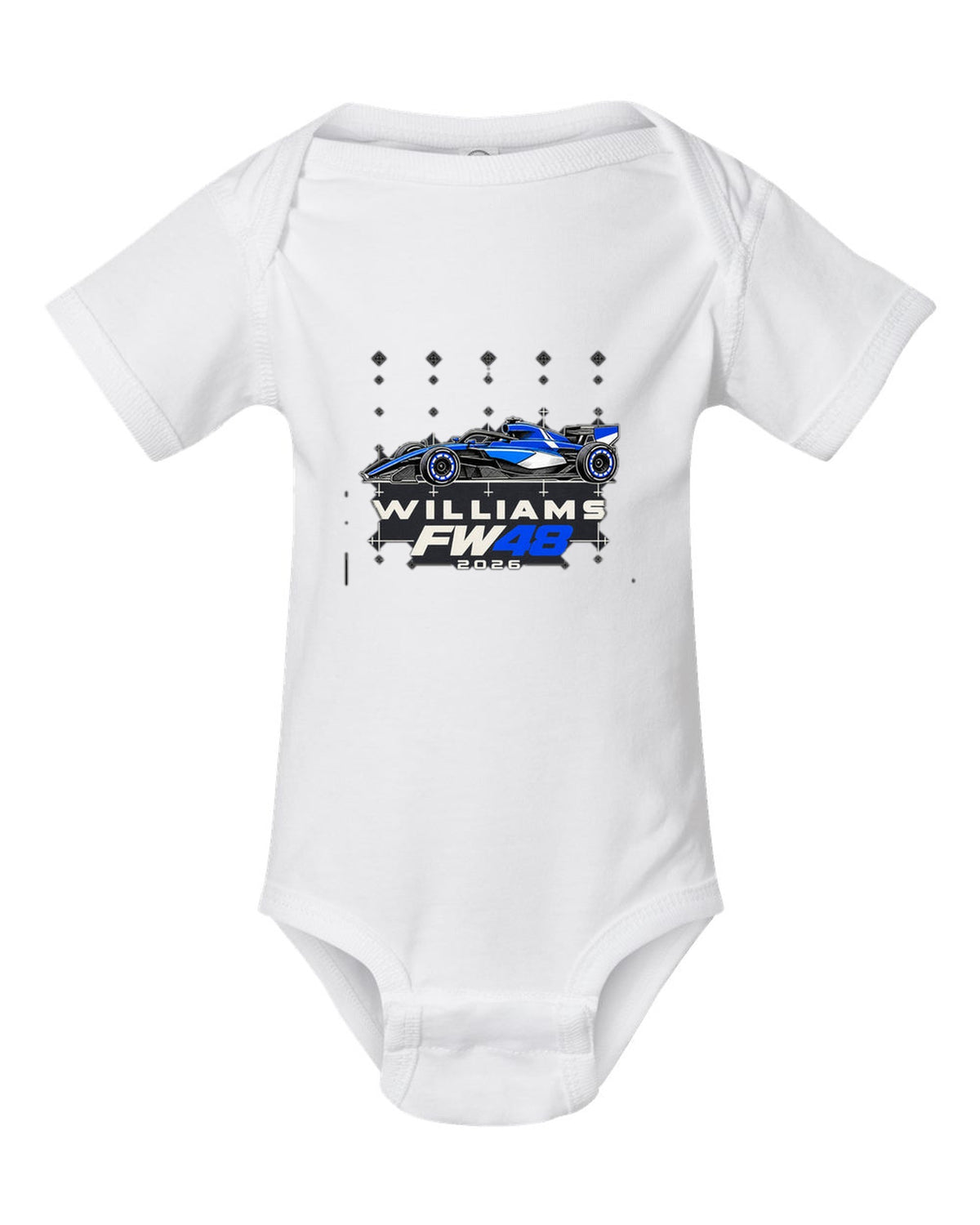 Williams FW48 2026 F1 car technical poster artwork white baby onesie front view with the design