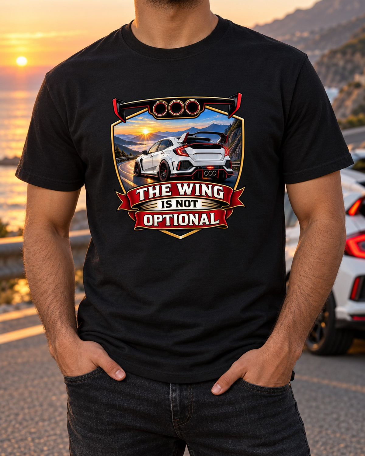 Civic Type R FK8 Racing Shield Shirt, Wing Is Not Optional Tee T-Shirt Black worn hero