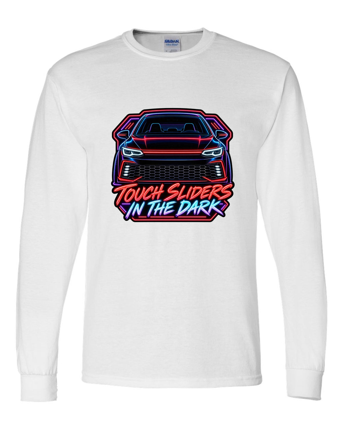 Neon sign line art of a VW Golf Mk8 GTI with touch sliders in the dark text white long sleeve front view with the design