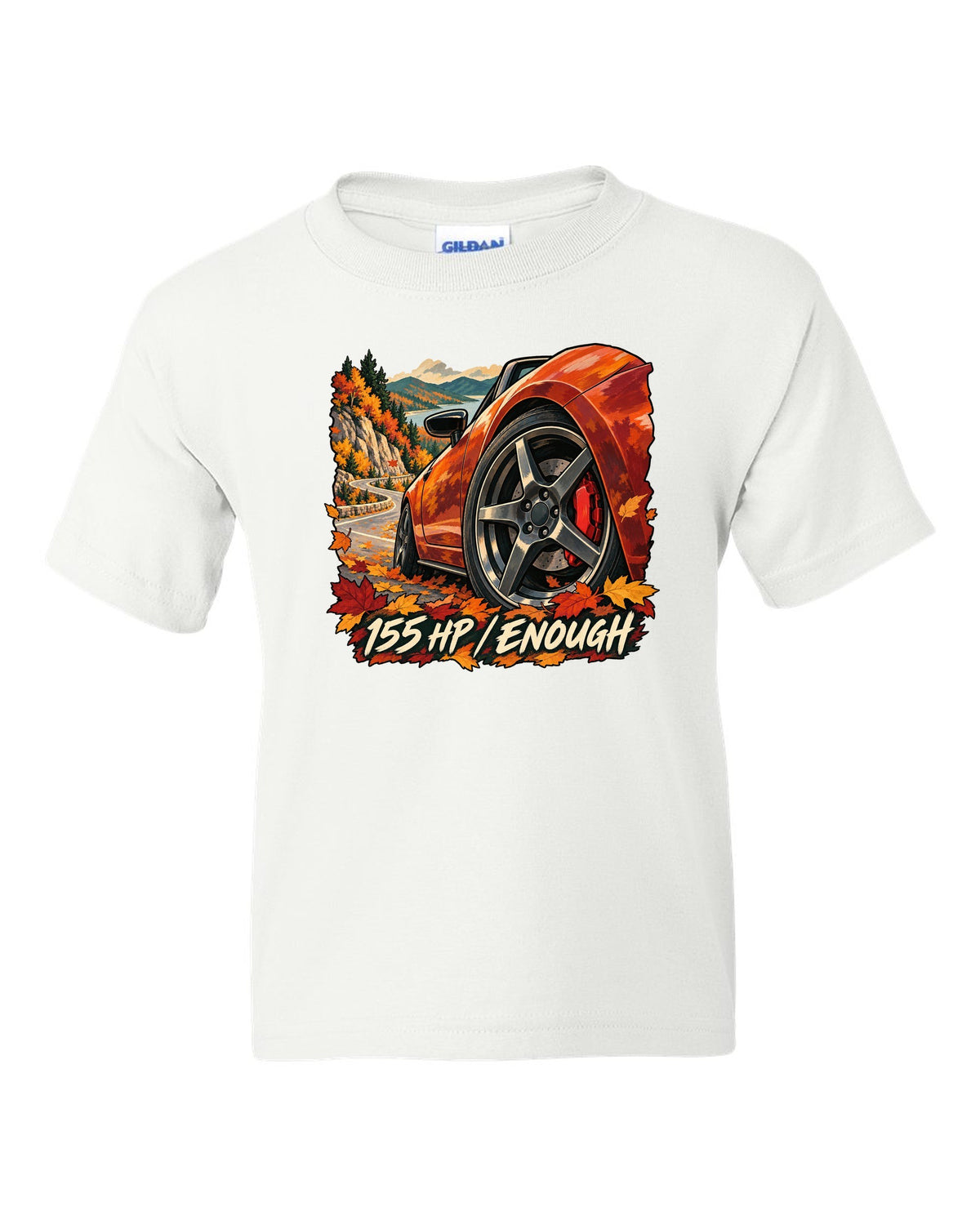 Painterly gouache illustration of a Mazda MX-5 ND on an autumn road with 155 HP / ENOUGH lettering white kids tee front view with the design