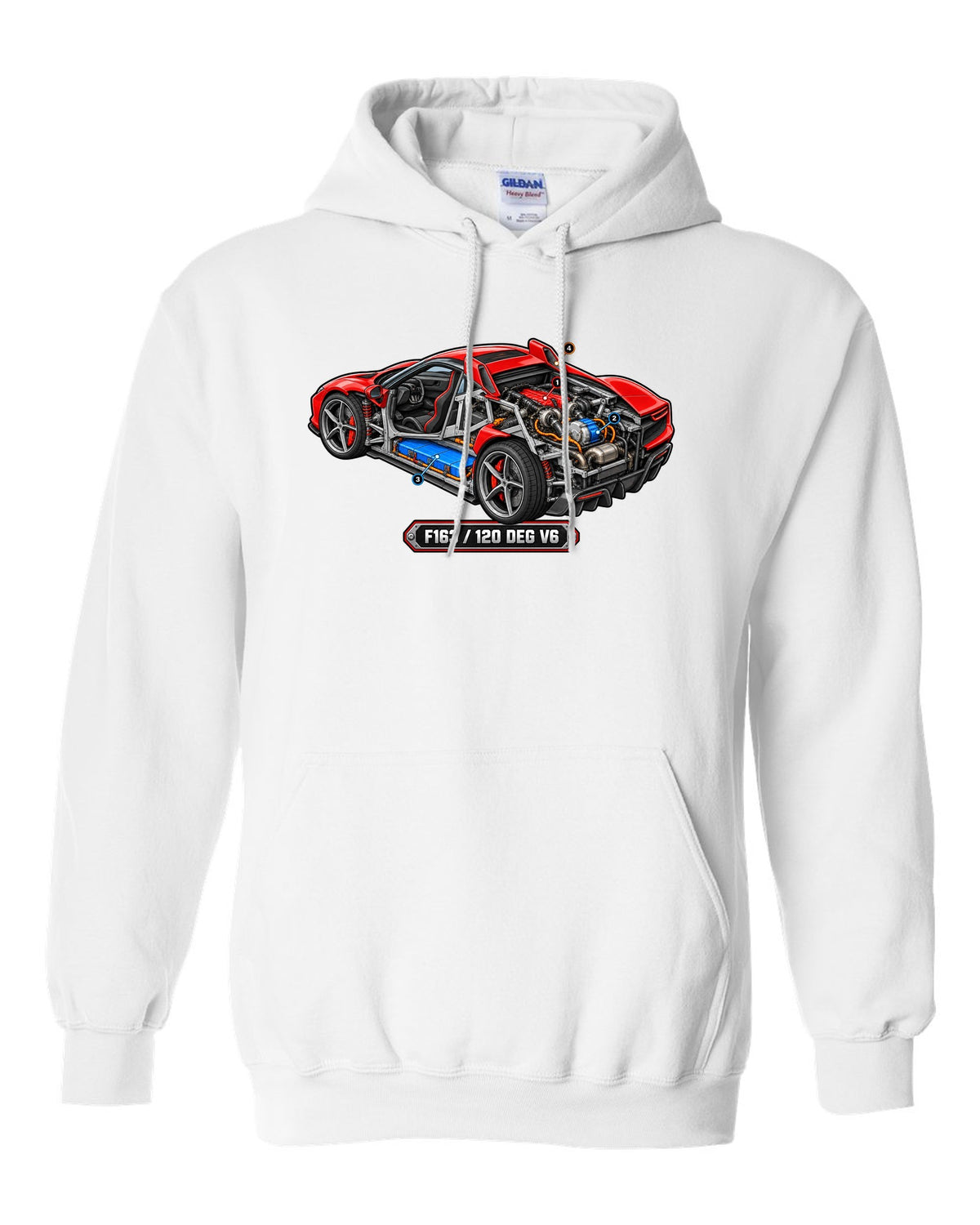 Isometric cutaway diorama of the Ferrari 296 GTB hybrid V6 engine white pull over hoodie front view with the design