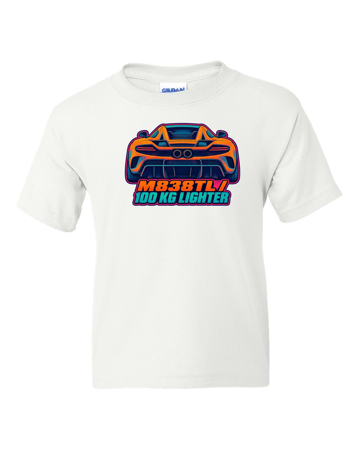 Risograph spot colour print of the McLaren 675LT flying buttress with M838TL and 100 kg Lighter lettering white kids tee front view with the design