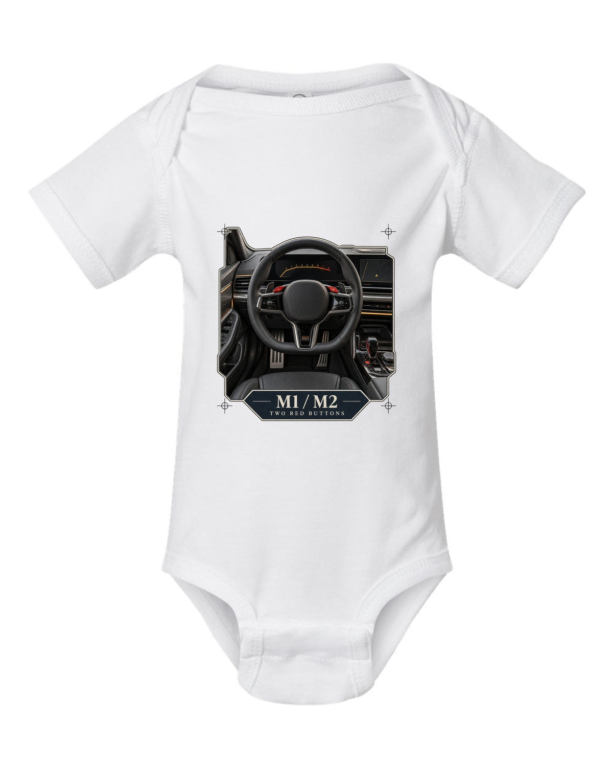 BMW M5 G90 cockpit and gauge cluster print on a tee white baby onesie front view with the design