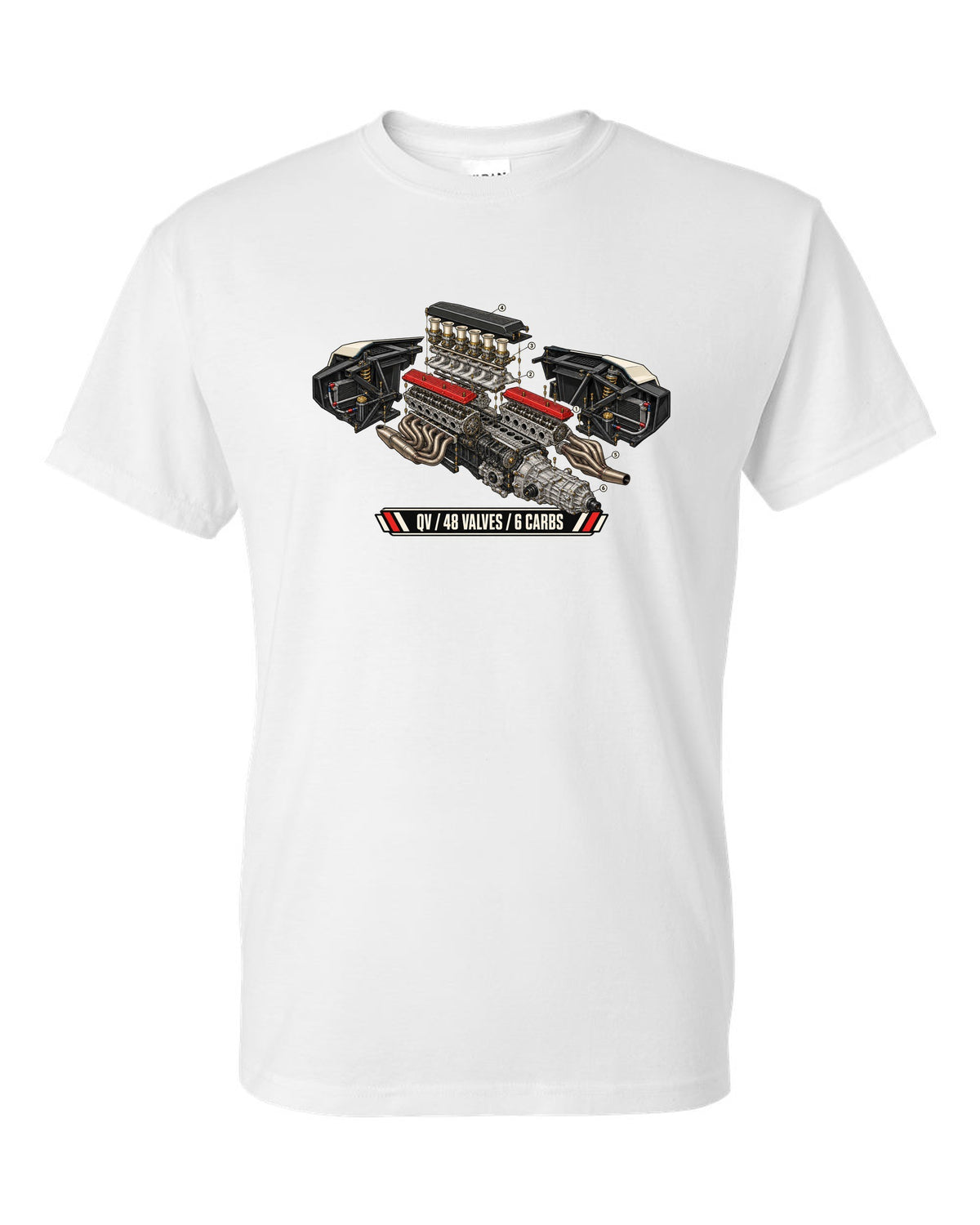 Exploded engine cutaway of a 1985 Lamborghini Countach LP5000 QV with 48 valves and 6 carbs lettering white t-shirt front view with the design