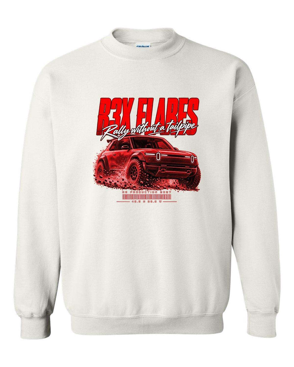 Rally street poster print of a 2027 Rivian R3X with flared arches white crewneck front view with the design