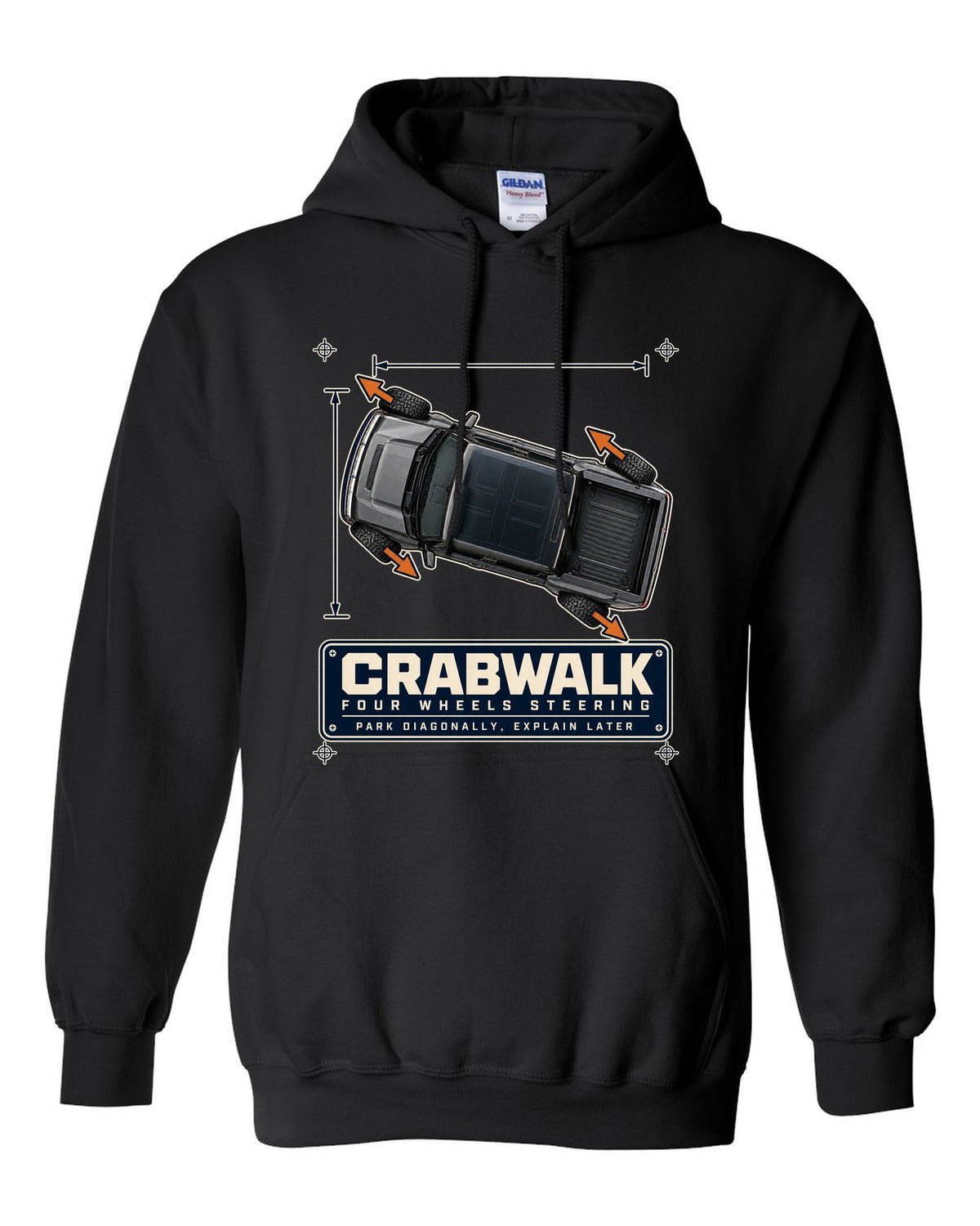 Top-view dimension blueprint print of a Hummer EV pickup showing CrabWalk diagonal steering black pull over hoodie front view with the design