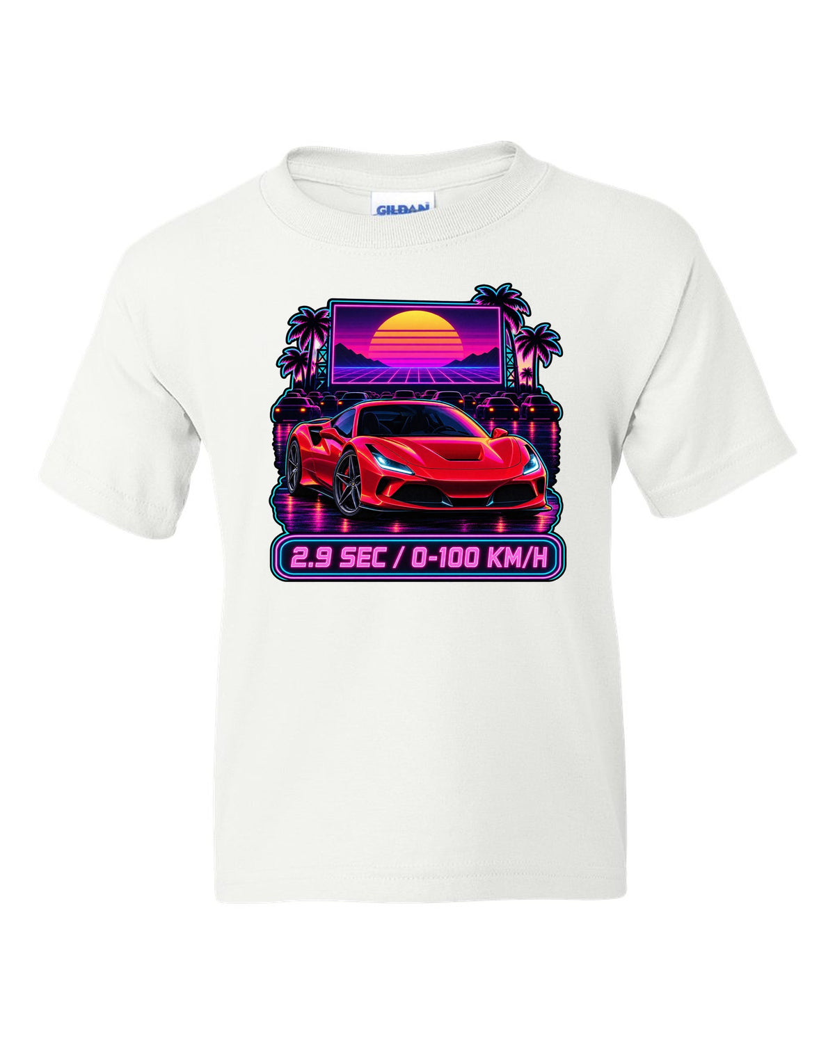 Synthwave outrun drive-in scene with Ferrari F8 Tributo and 2.9 sec text white kids tee front view with the design