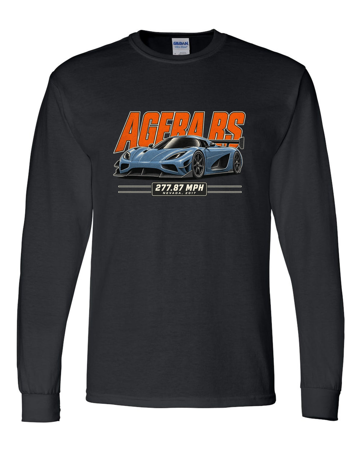 Halftone print of the Koenigsegg Agera RS with the text 277.87 mph, Nevada, 2017 black long sleeve front view with the design