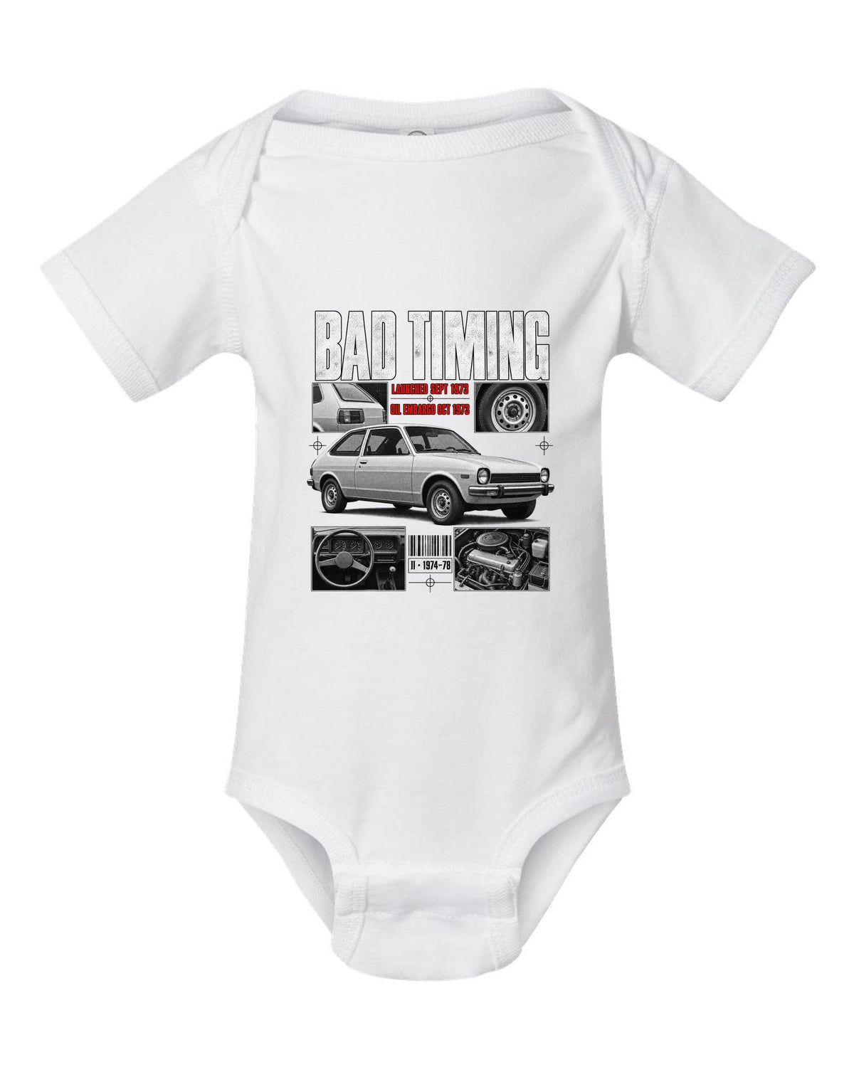 Dossier panel illustration of a 1974 Ford Mustang II chback with bad timing lettering white baby onesie front view with the design