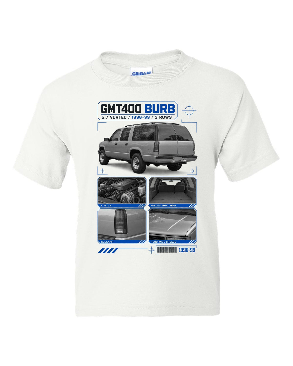 Dossier print of a 1992-99 Chevrolet GMT400 Suburban in a rear three-quarter view white kids tee front view with the design