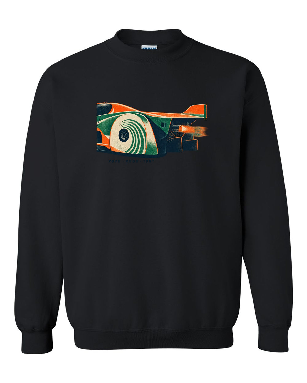 Risograph print of a Mazda 787B wheel and exhaust with R26B and 1991 text black crewneck front view with the design