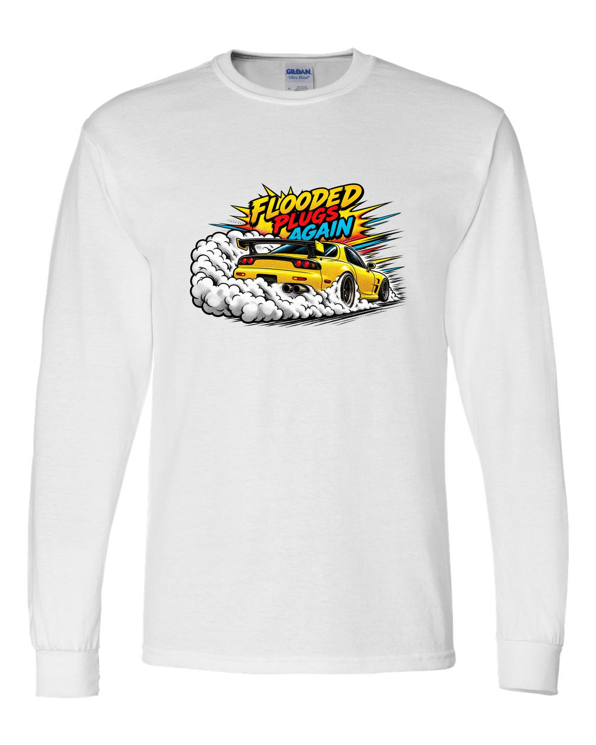Comic halftone pop art print of a Mazda RX-7 FD3S with text Flooded, Plugs, Again white long sleeve front view with the design