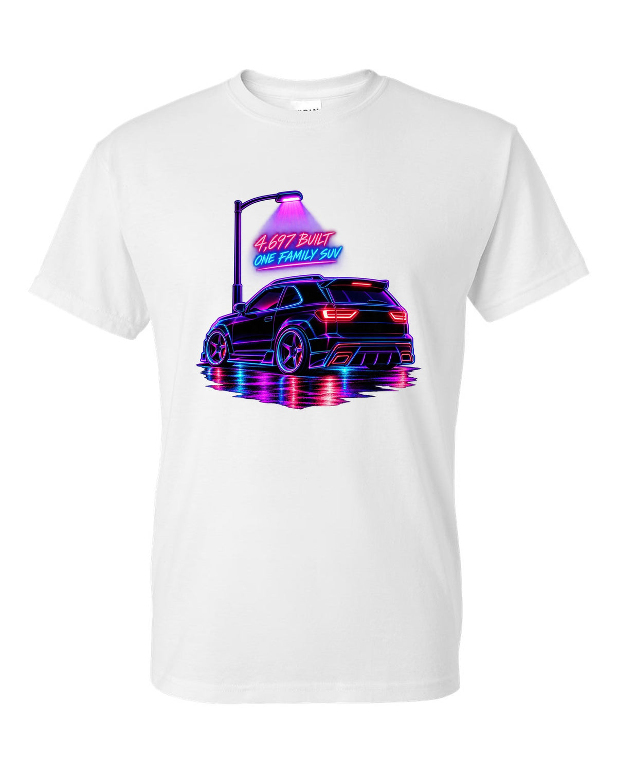 Neon synthwave line art print of a 1992-93 GMC Typhoon taillight with 4,697 built lettering white t-shirt front view with the design